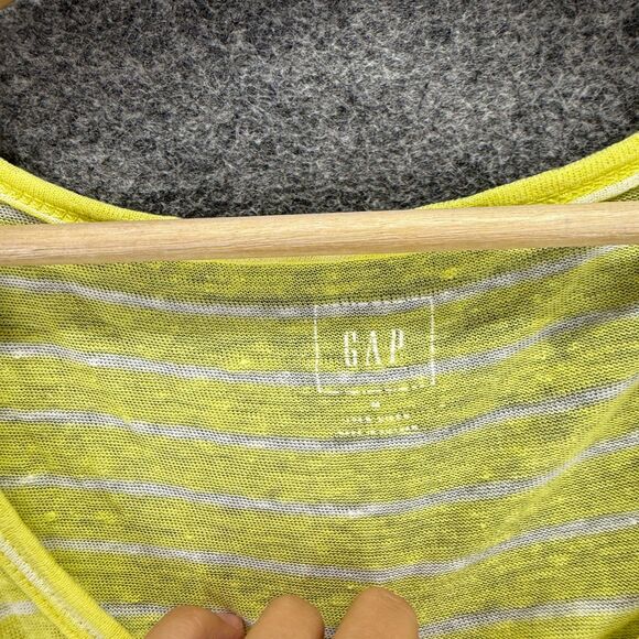 Gap T-Shirt Women M Medium Yellow Striped V-Neck Short Sleeve Linen Casual - Picture 3 of 7